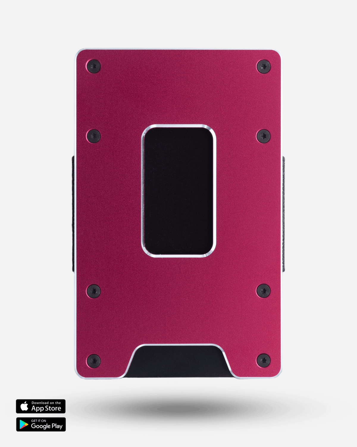 Back of the Crimson Guap Smart Wallet with thumb slot cutout and the Guap app badges